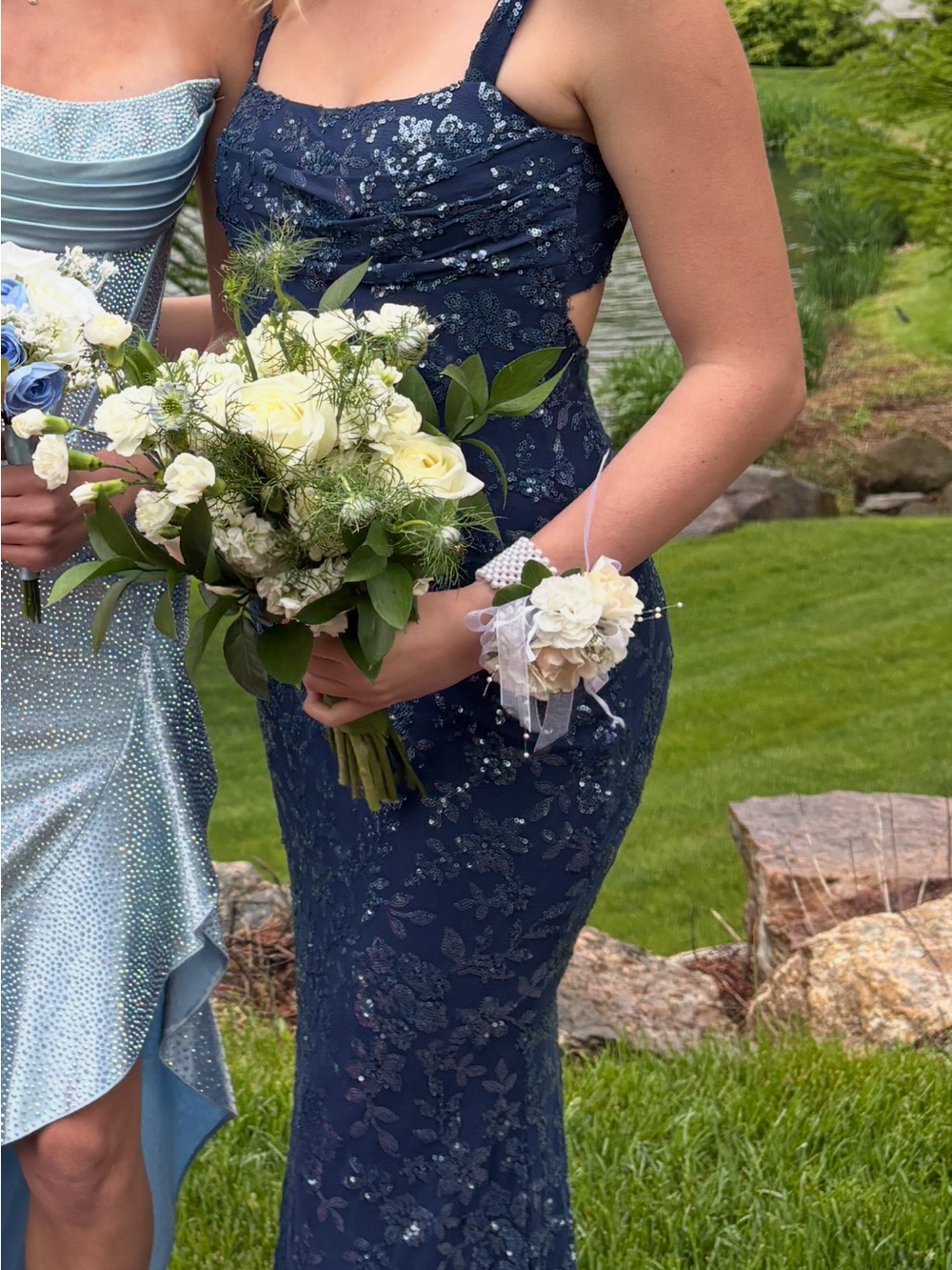 Navy Dress with Floral Embellishment